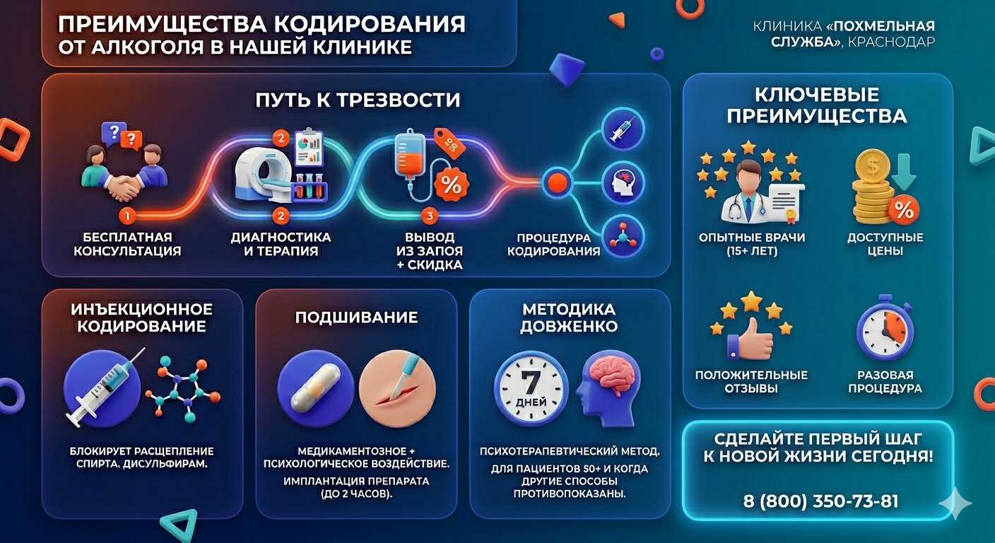Инфографика о методах кодирования от алкоголя в Геническе: инъекции, подшивание, метод Довженко. Преимущества клиники и этапы лечения.