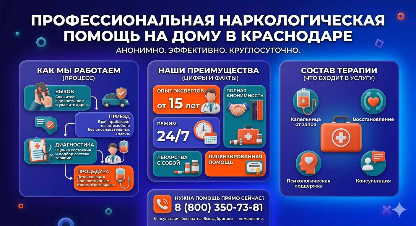 Инфографика о принципах лечения алкоголизма на дому в Геническе: этапы вызова нарколога, преимущества анонимной детоксикации и состав медицинской помощи.